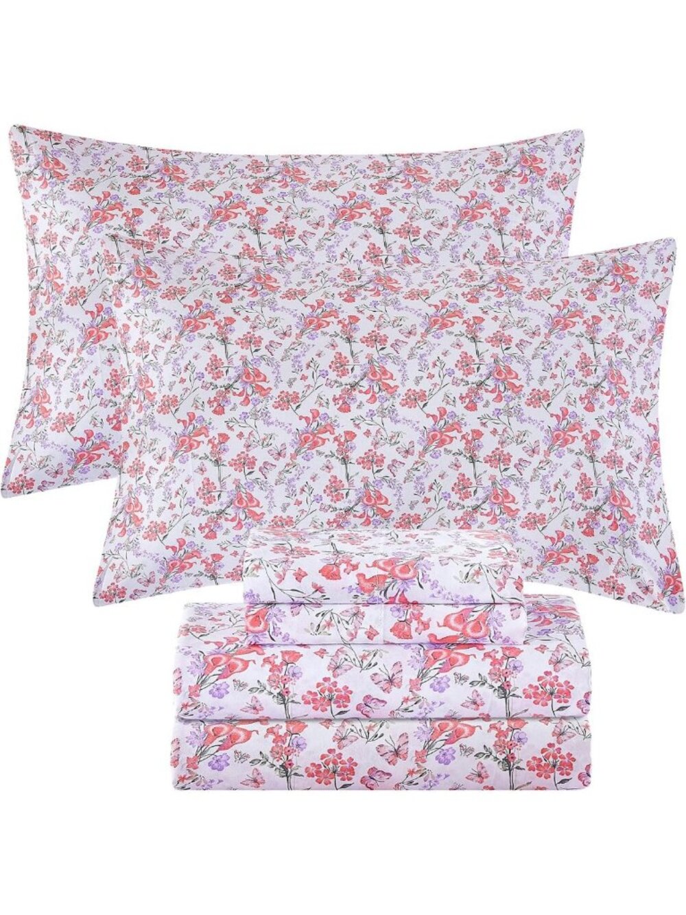 Floral 100% Cotton Queen Sheets Set, Pink Flower Print, Soft & Cozy Bedding